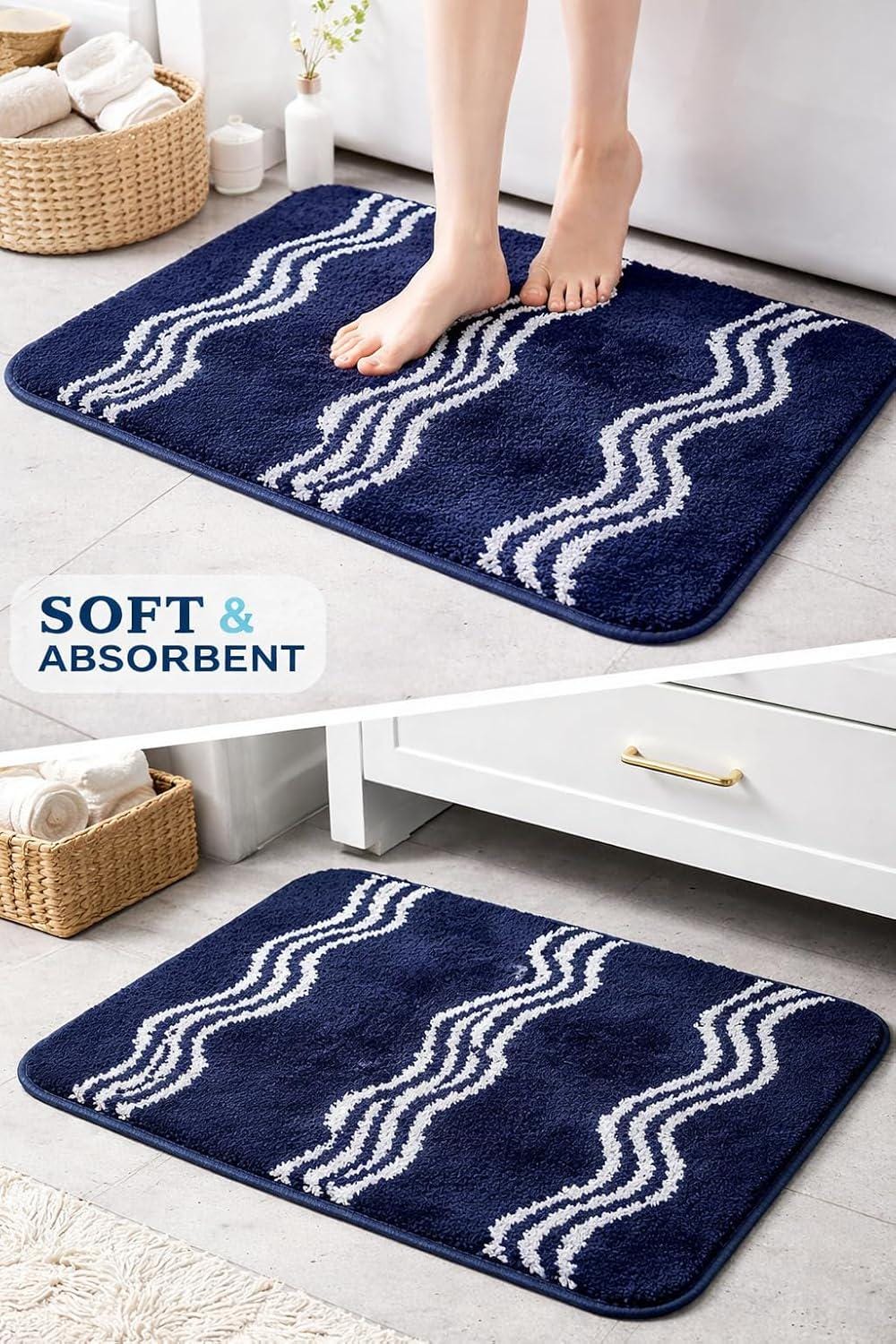 181 Degrees Navy Plush Bath Mat, Wavy Stripe Non-Slip Bathroom Rug (16 x 24 Inch)