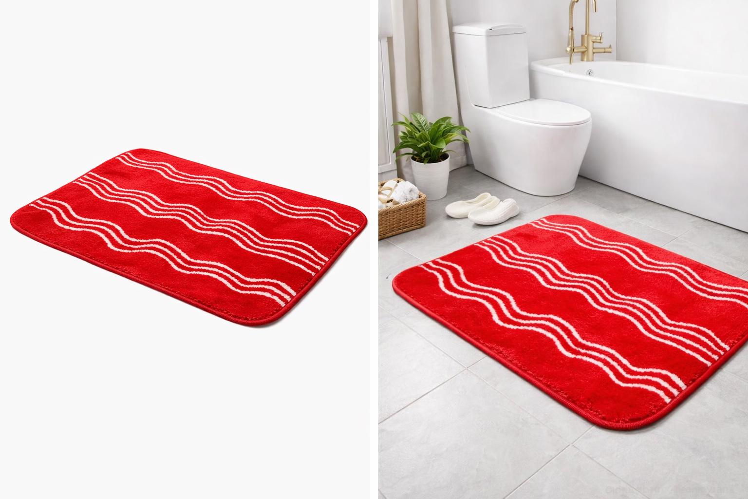 181 Degrees Red Microfiber Bath Mat, White Wave Pattern, Non-Slip