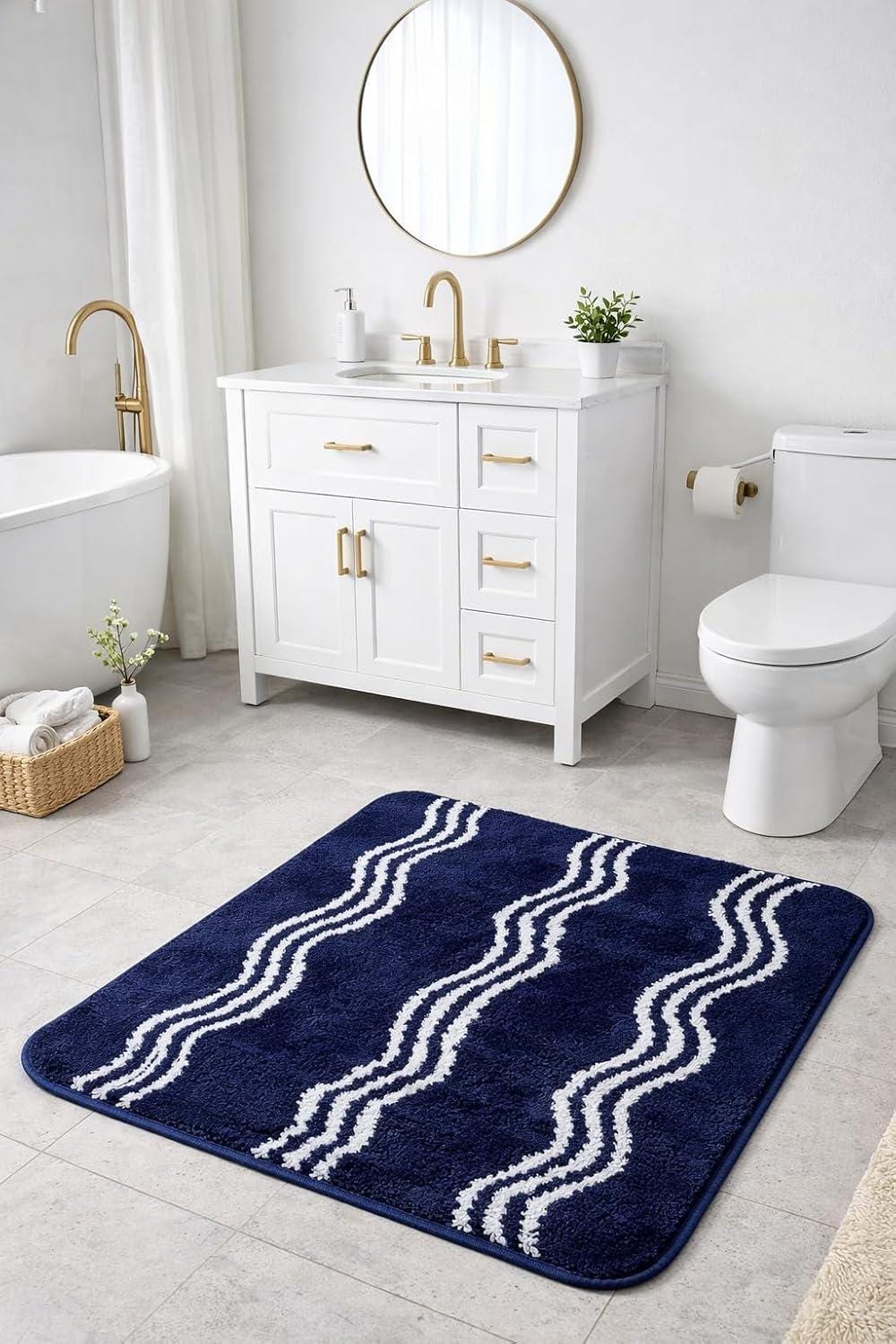 181 Degrees Navy Plush Bath Mat, Wavy Stripe Non-Slip Bathroom Rug (16 x 24 Inch)