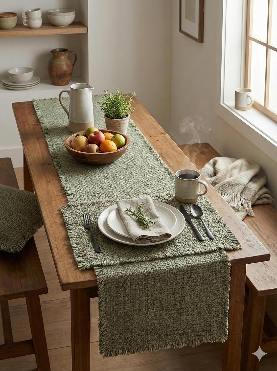 181 Degrees Sage Green Cotton Blend Table Runner with Fringe, 4 pcs Placemat Set 19x92