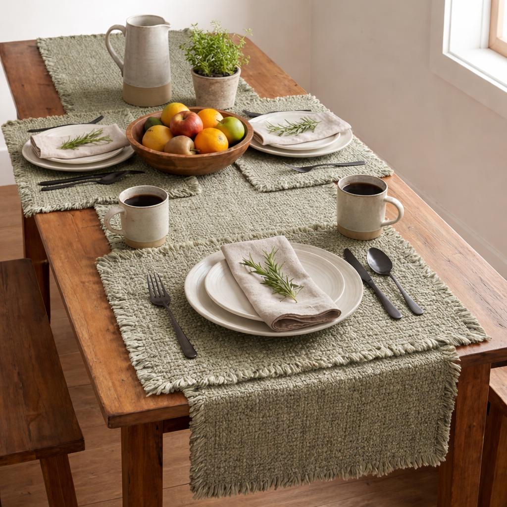 181 Degrees Sage Green Cotton Blend Table Runner with Fringe, 4 pcs Placemat Set 19x92