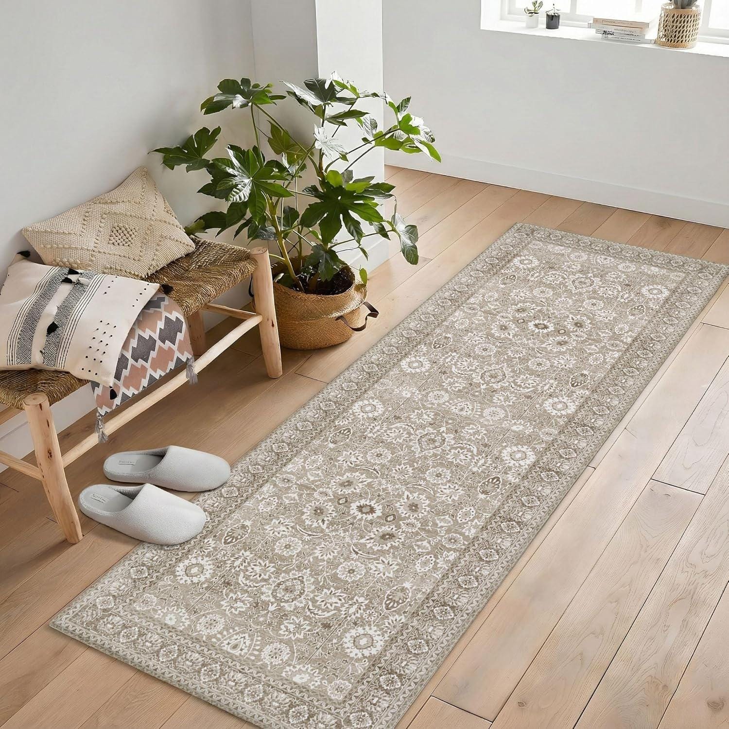 181 Degrees - Vintage Persian Runner Rug  Taupe Floral Border Rug
