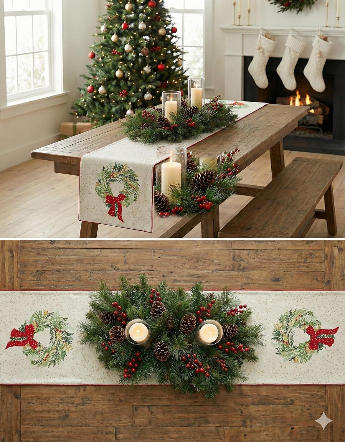 181 Degrees - Holiday Table Runner with 4pcs Placement, Cream Cotton Wreath Design, Holiday Centerpiece