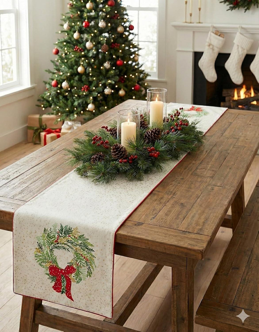 181 Degrees - Holiday Table Runner with 4pcs Placement, Cream Cotton Wreath Design, Holiday Centerpiece