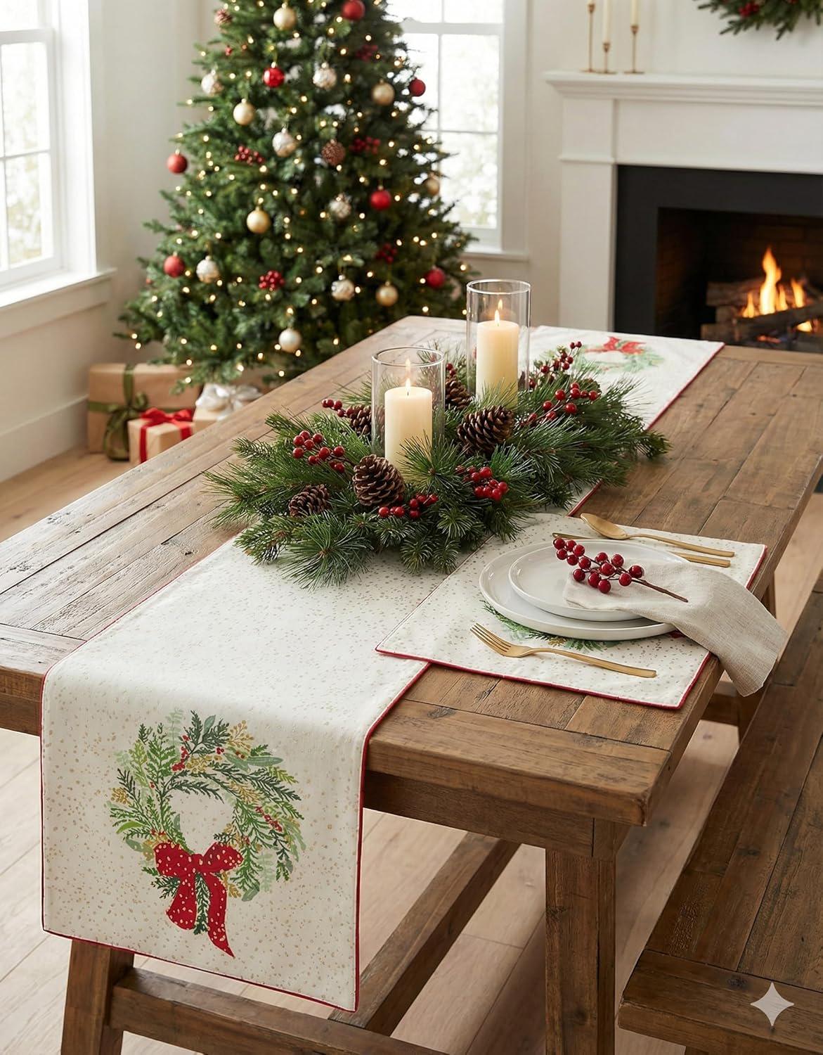 181 Degrees - Holiday Table Runner with 4pcs Placement, Cream Cotton Wreath Design, Holiday Centerpiece