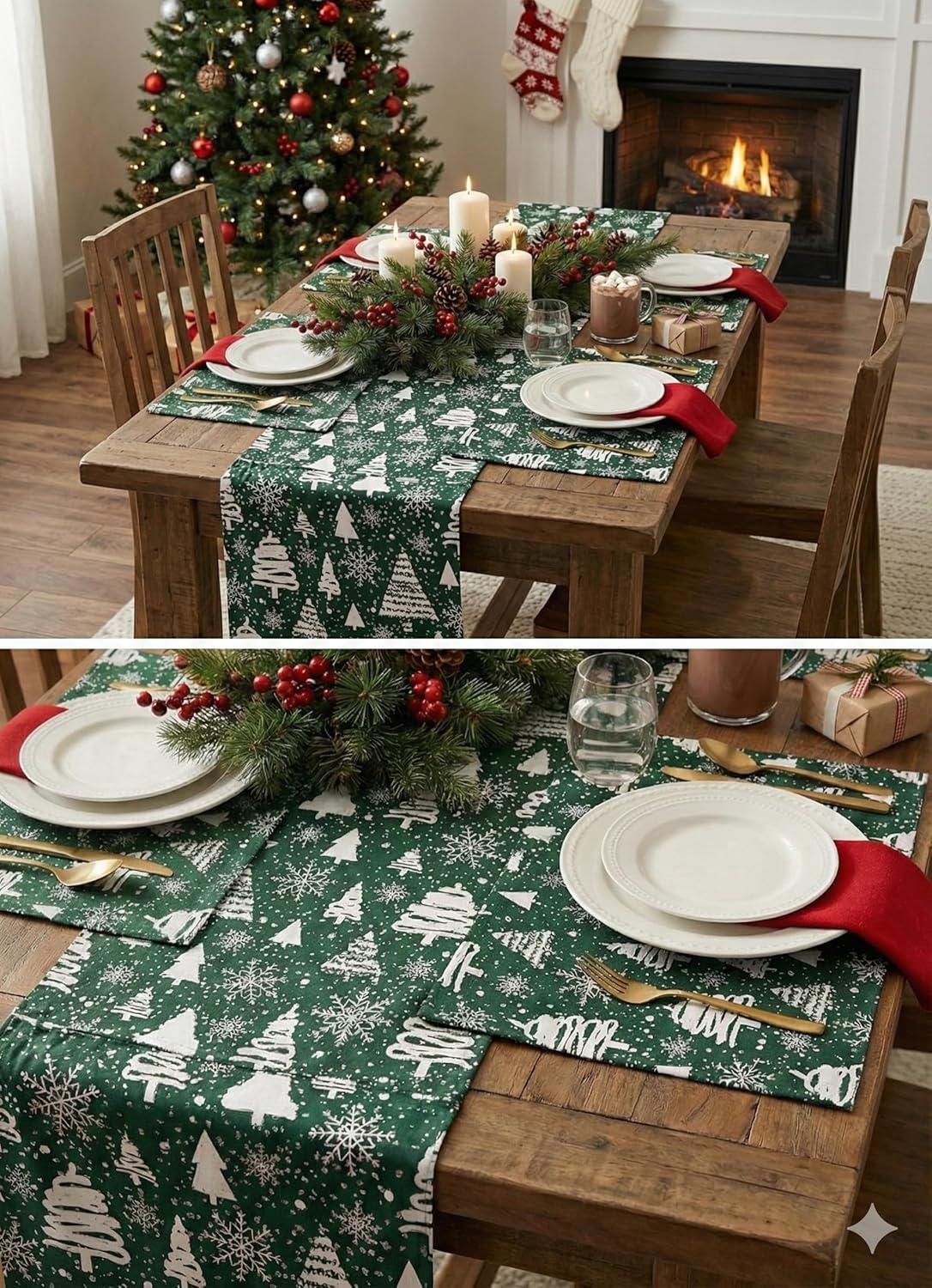 181 Degrees Green Table Runner with 4 Placemats, Green Holiday Dining Decor