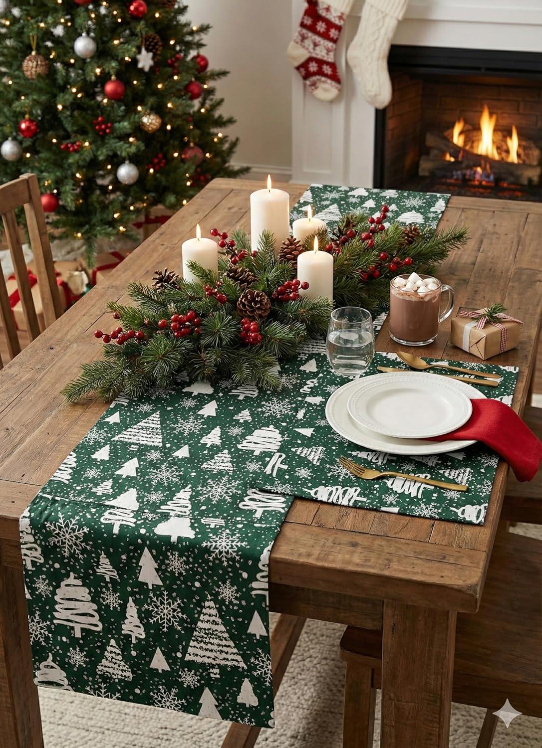 181 Degrees Green Table Runner with 4 Placemats, Green Holiday Dining Decor