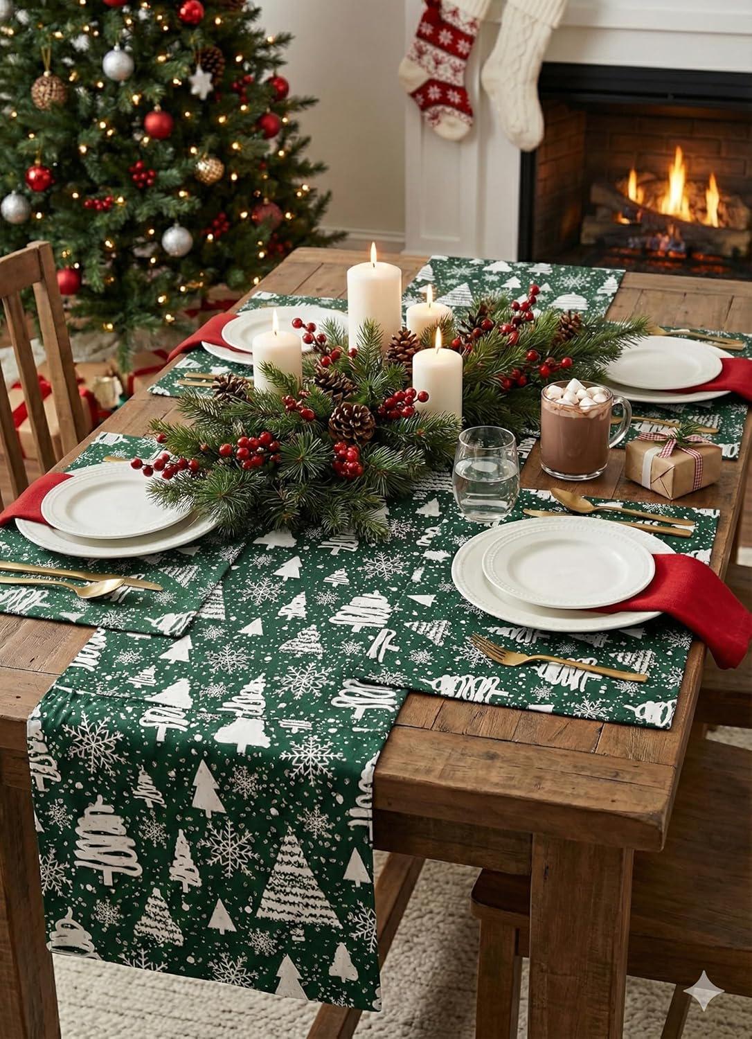181 Degrees Green Table Runner with 4 Placemats, Green Holiday Dining Decor