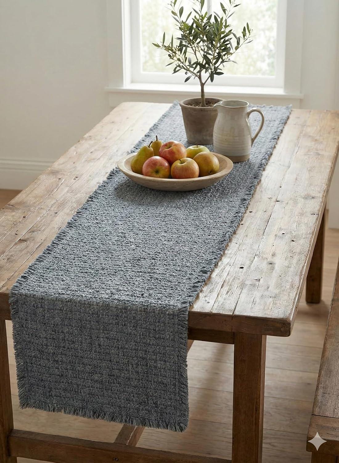 181 Degrees Textured Table Runner with Fringe, Blue, Cotton Woven Dining Table Decor Placemat Set 19x92