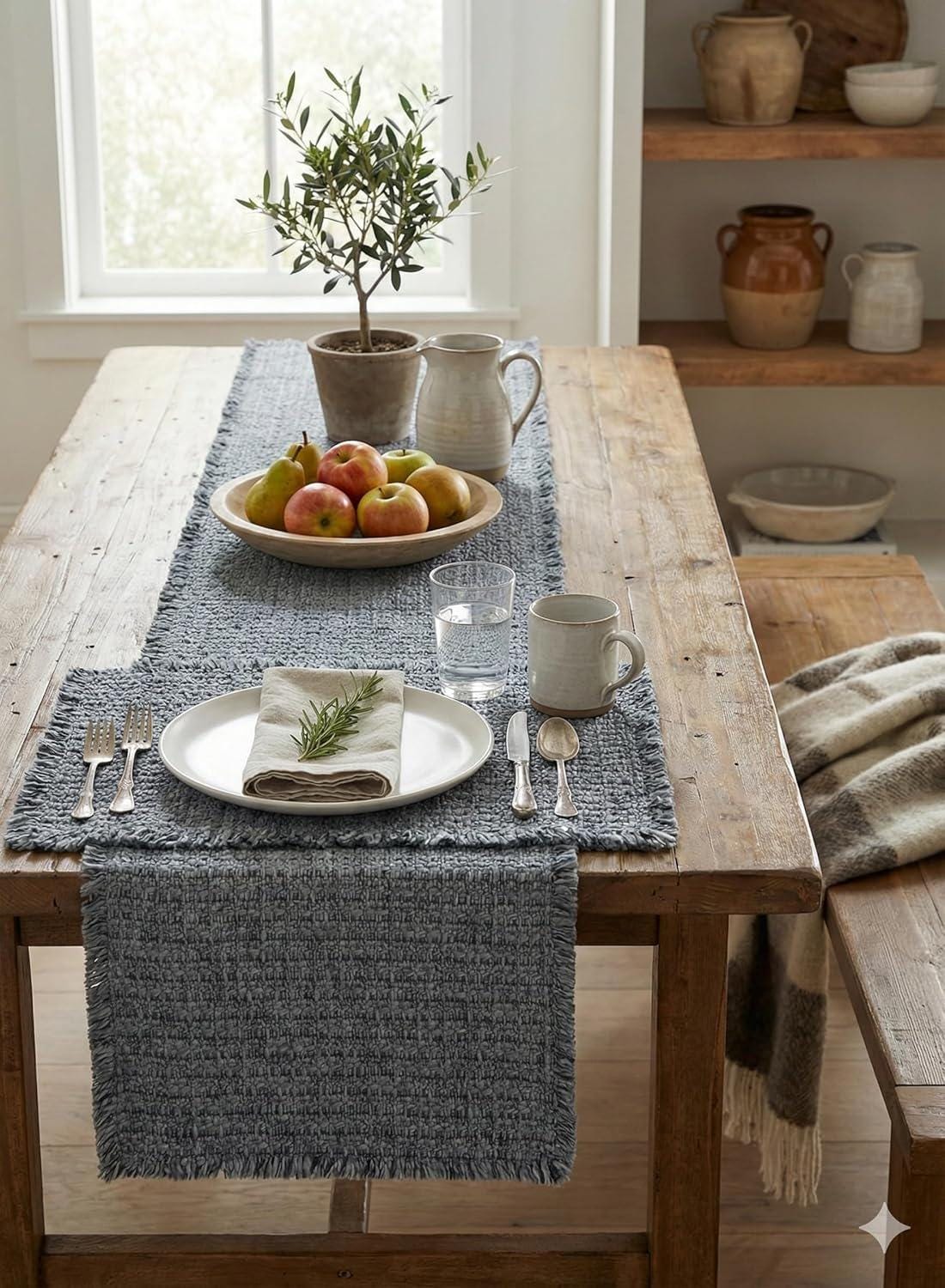 181 Degrees Textured Table Runner with Fringe, Blue, Cotton Woven Dining Table Decor Placemat Set 19x92