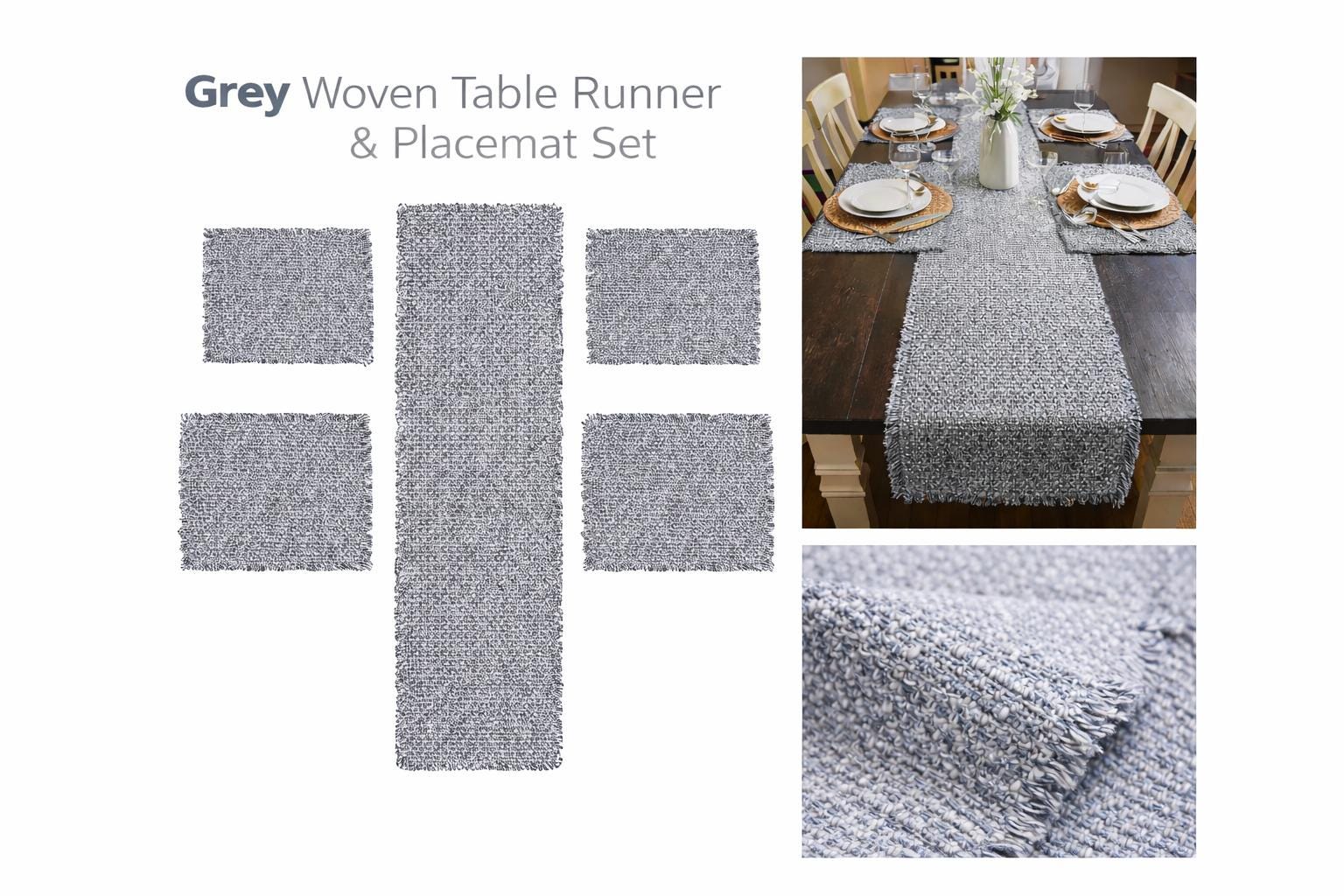 181 Degrees Textured Table Runner with Fringe, Blue, Cotton Woven Dining Table Decor Placemat Set 19x92