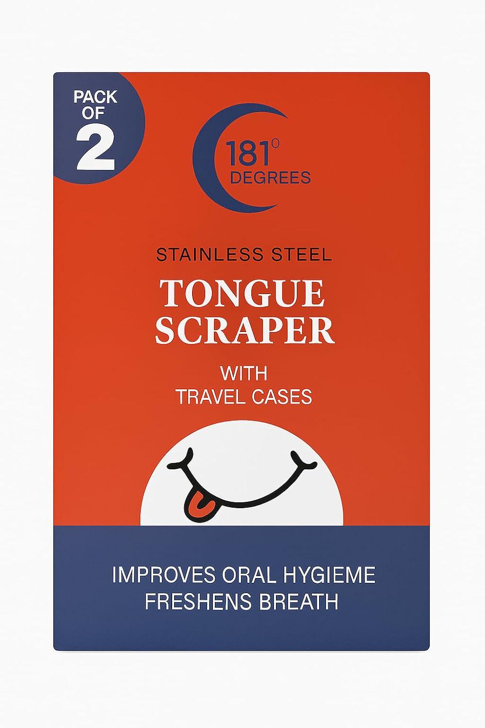 181 Degrees -Stainless Steel Tongue Scraper for Adults with Travel Case (2 Pack)