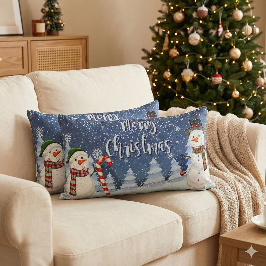 181 Degrees - Snowman Christmas Pillow Covers, Blue Winter Lumbar Cushion Cover (24x14 Inch)