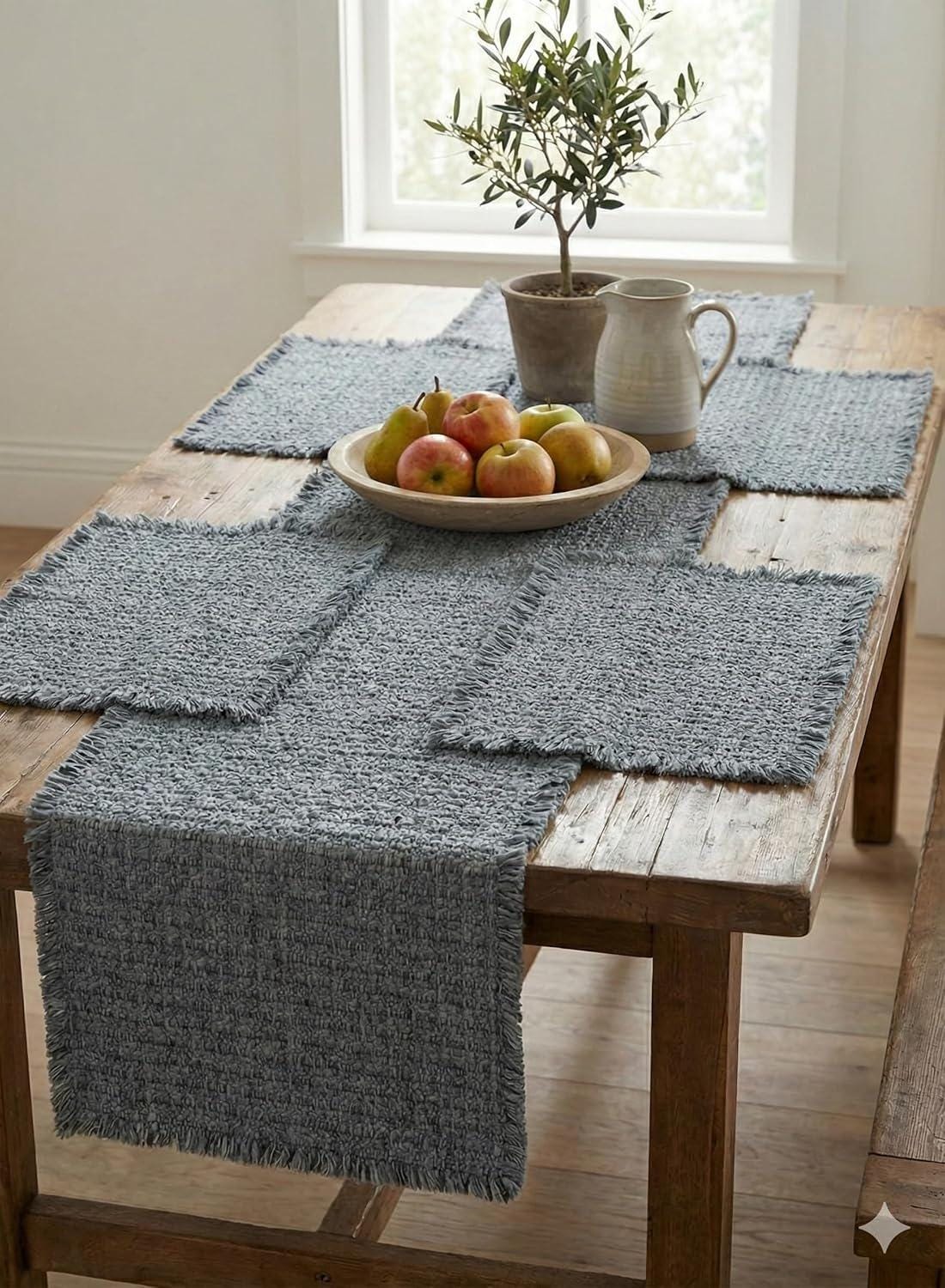 181 Degrees Textured Table Runner with Fringe, Blue, Cotton Woven Dining Table Decor Placemat Set 19x92