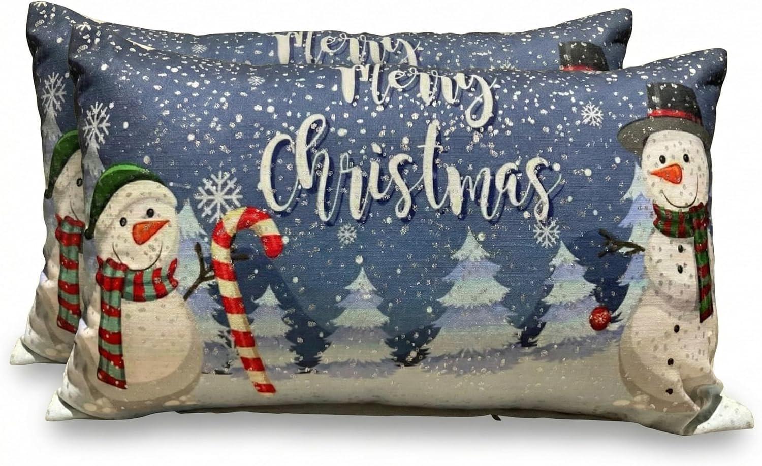 181 Degrees - Snowman Christmas Pillow Covers, Blue Winter Lumbar Cushion Cover (24x14 Inch)