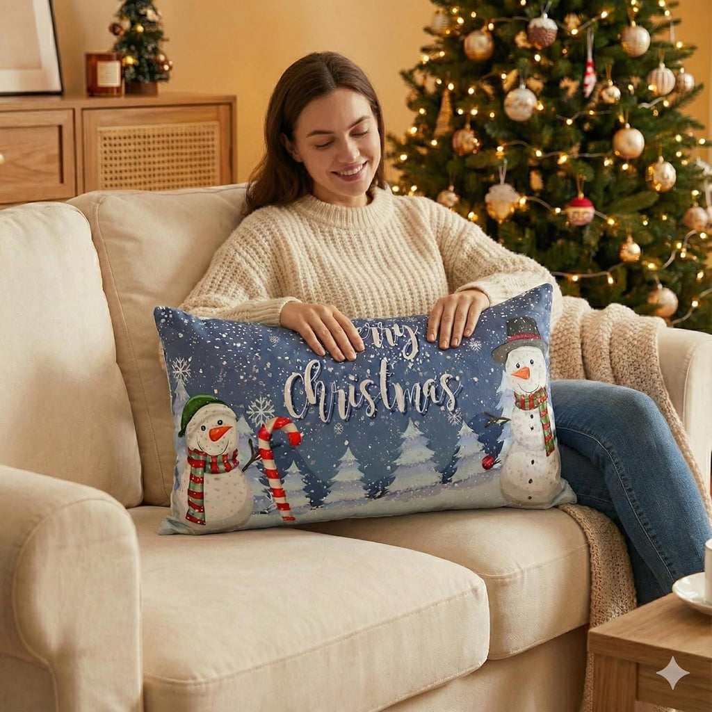 181 Degrees - Snowman Christmas Pillow Covers, Blue Winter Lumbar Cushion Cover (24x14 Inch)