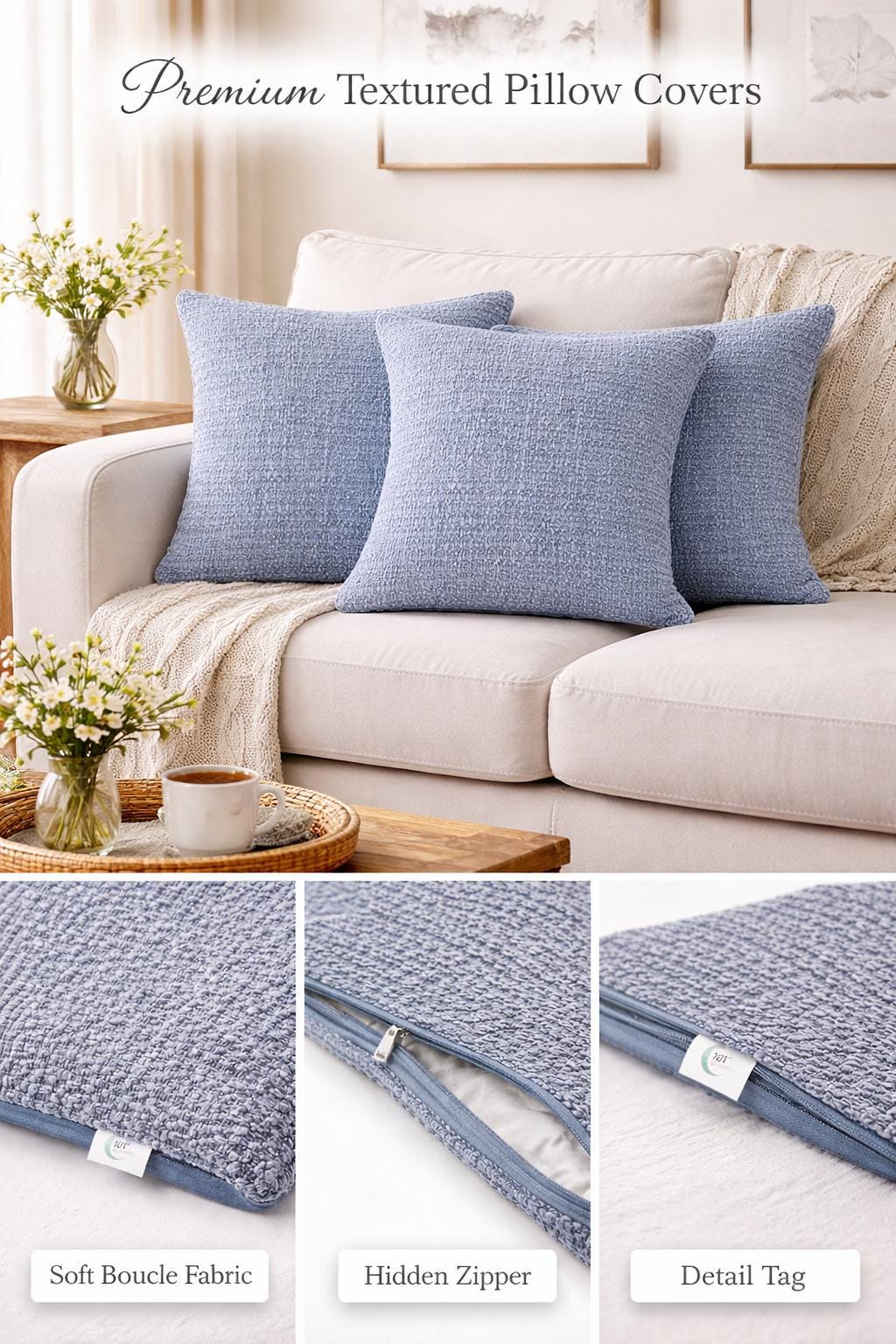 181 Degrees - Blue Gray Textured Chenille Throw Pillow  Cozy Modern Cushion Cover (18x18 Inch)