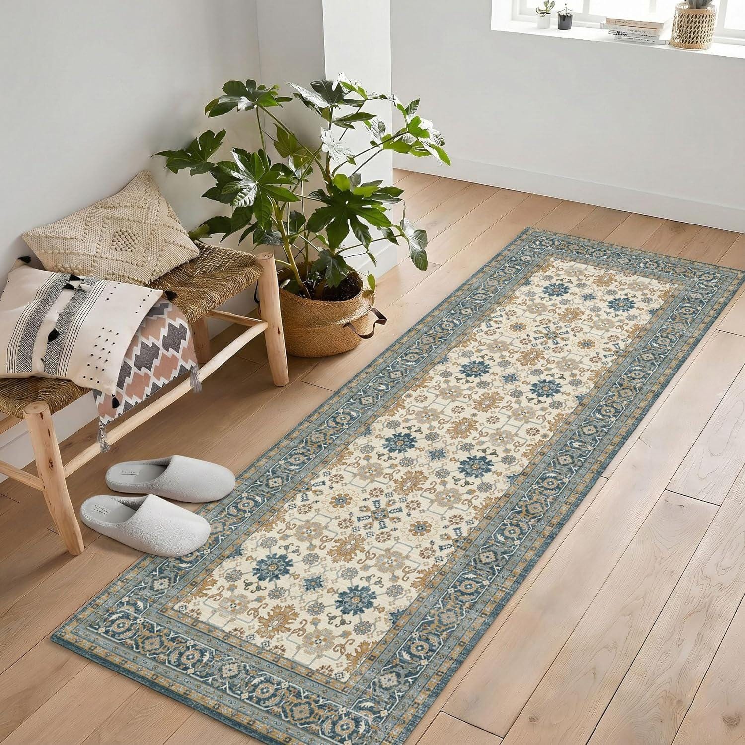 181 Degrees - Traditional Oriental Runner Rug, Beige Blue Floral Border, Persian Style