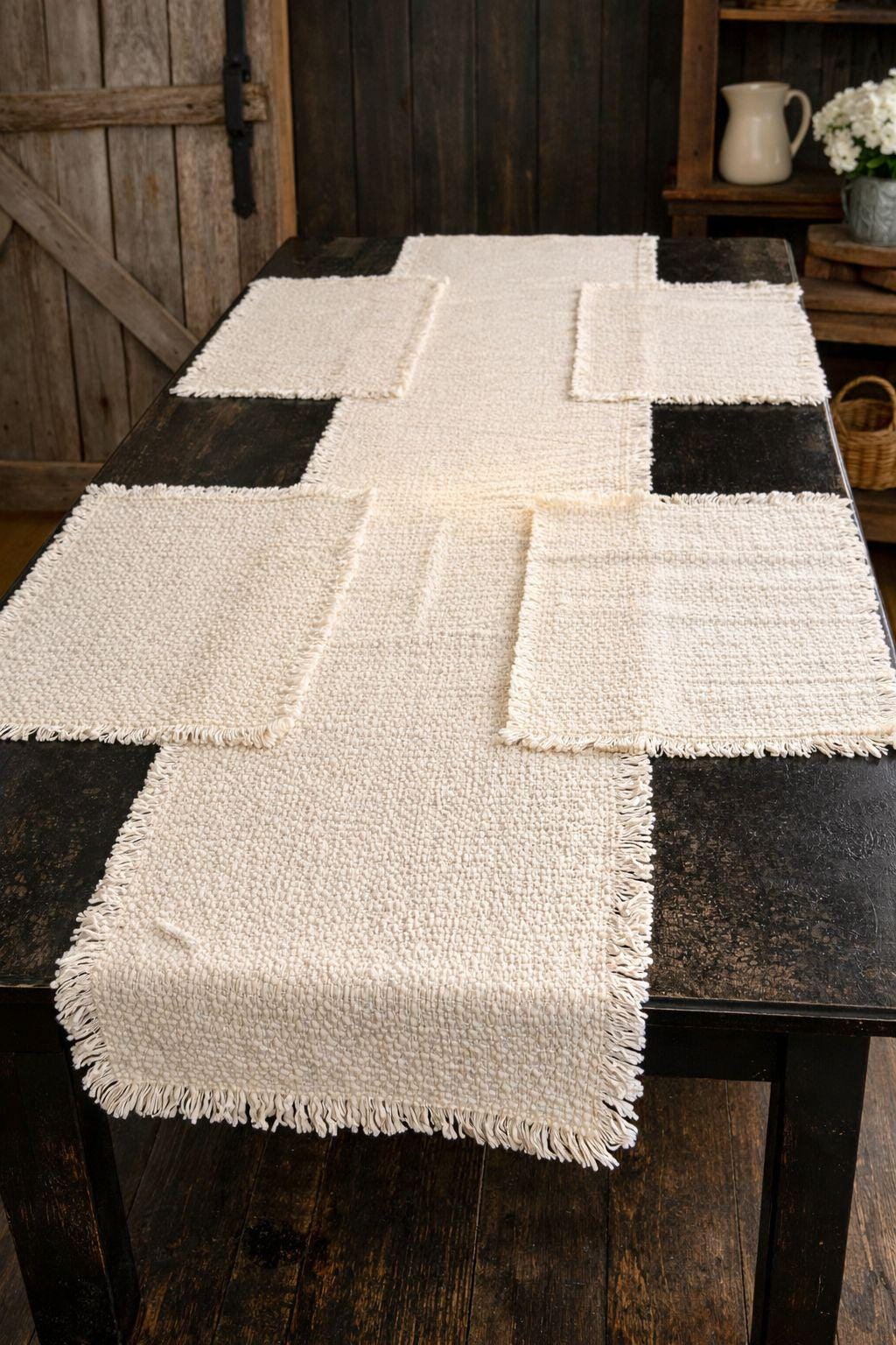 181 Degrees - Textured White Cotton Table Runner Set with Placemats | Farmhouse Boho Dining Decor