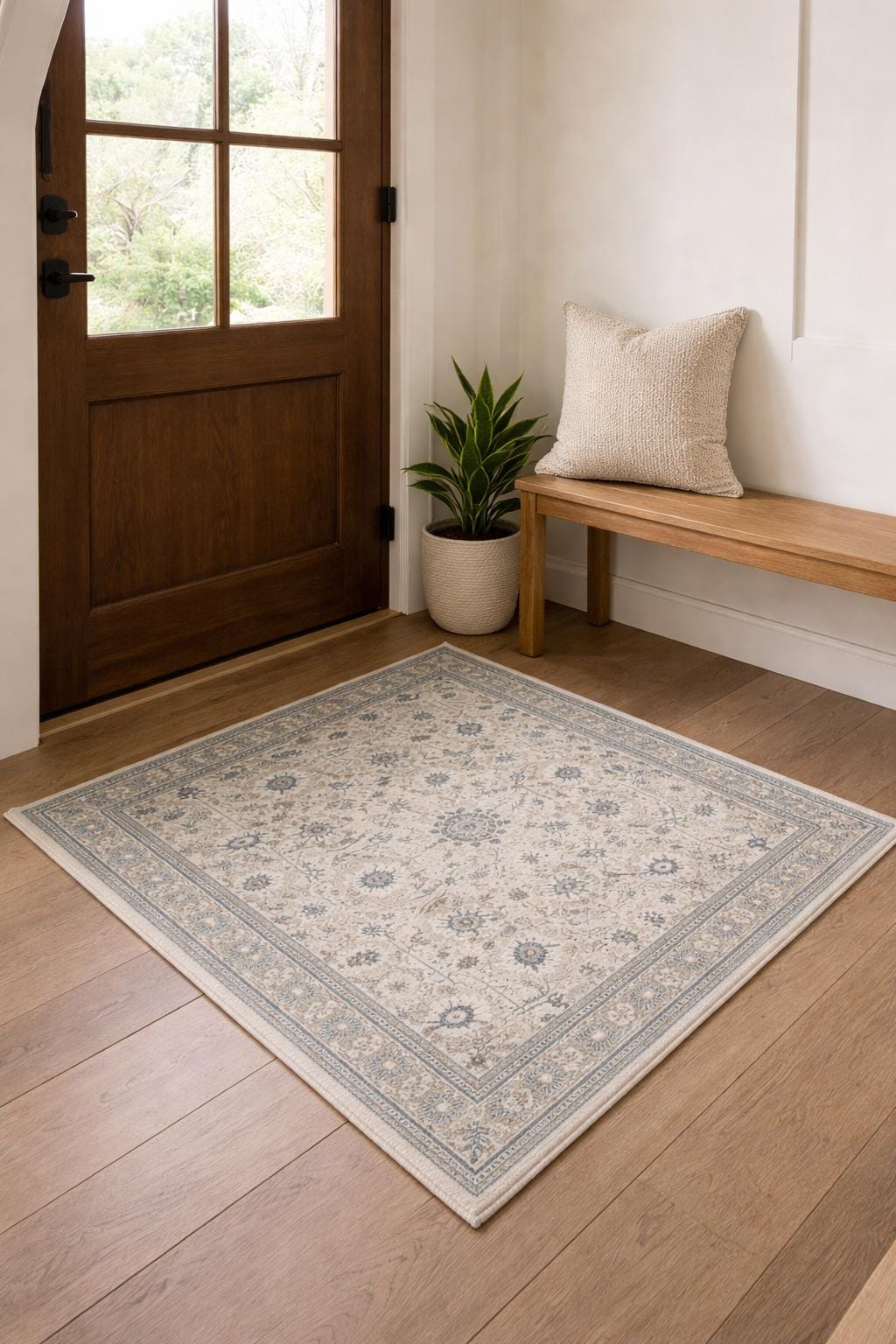 181 Degrees - Vintage Style Blue Grey Floral Area Rug Washable Farmhouse Boho Accent Rug
