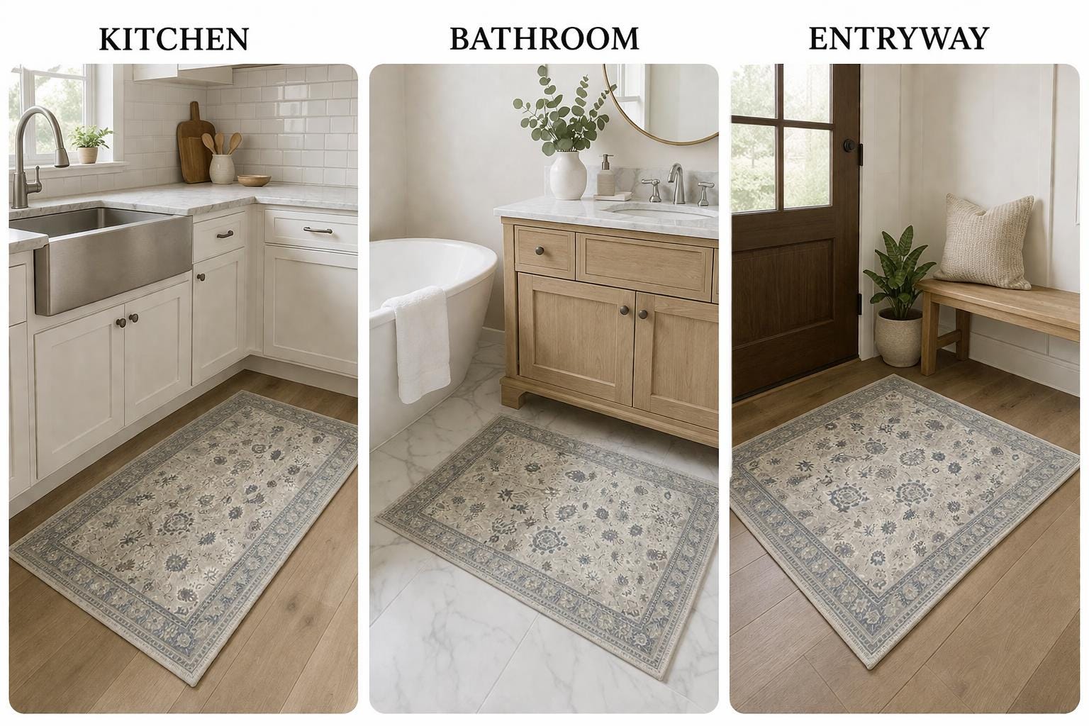 181 Degrees - Vintage Style Blue Grey Floral Area Rug Washable Farmhouse Boho Accent Rug