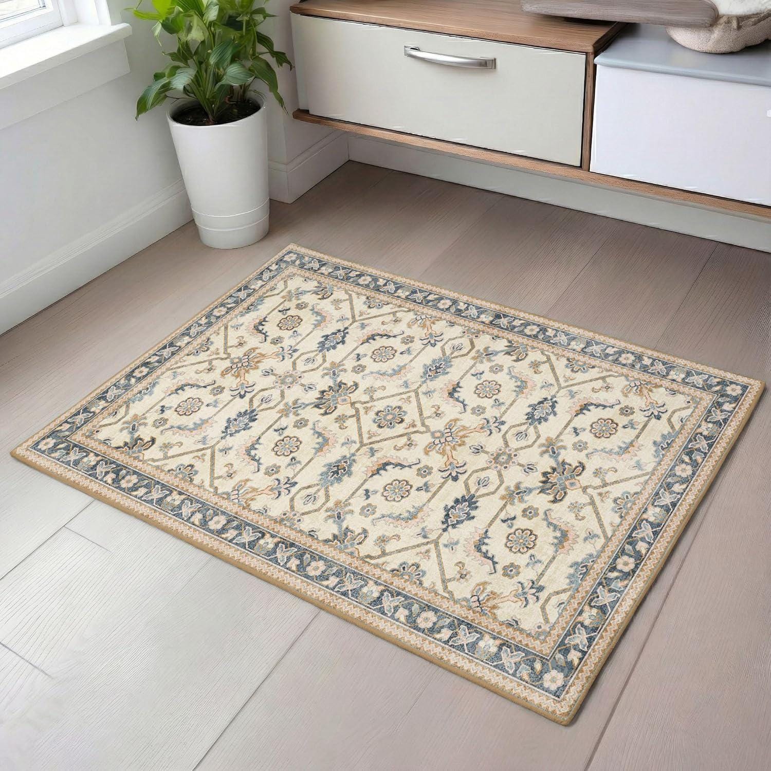 181 Degrees -Traditional Oriental Area Rug, Beige Blue Floral Persian Style Decorative Floor Covering