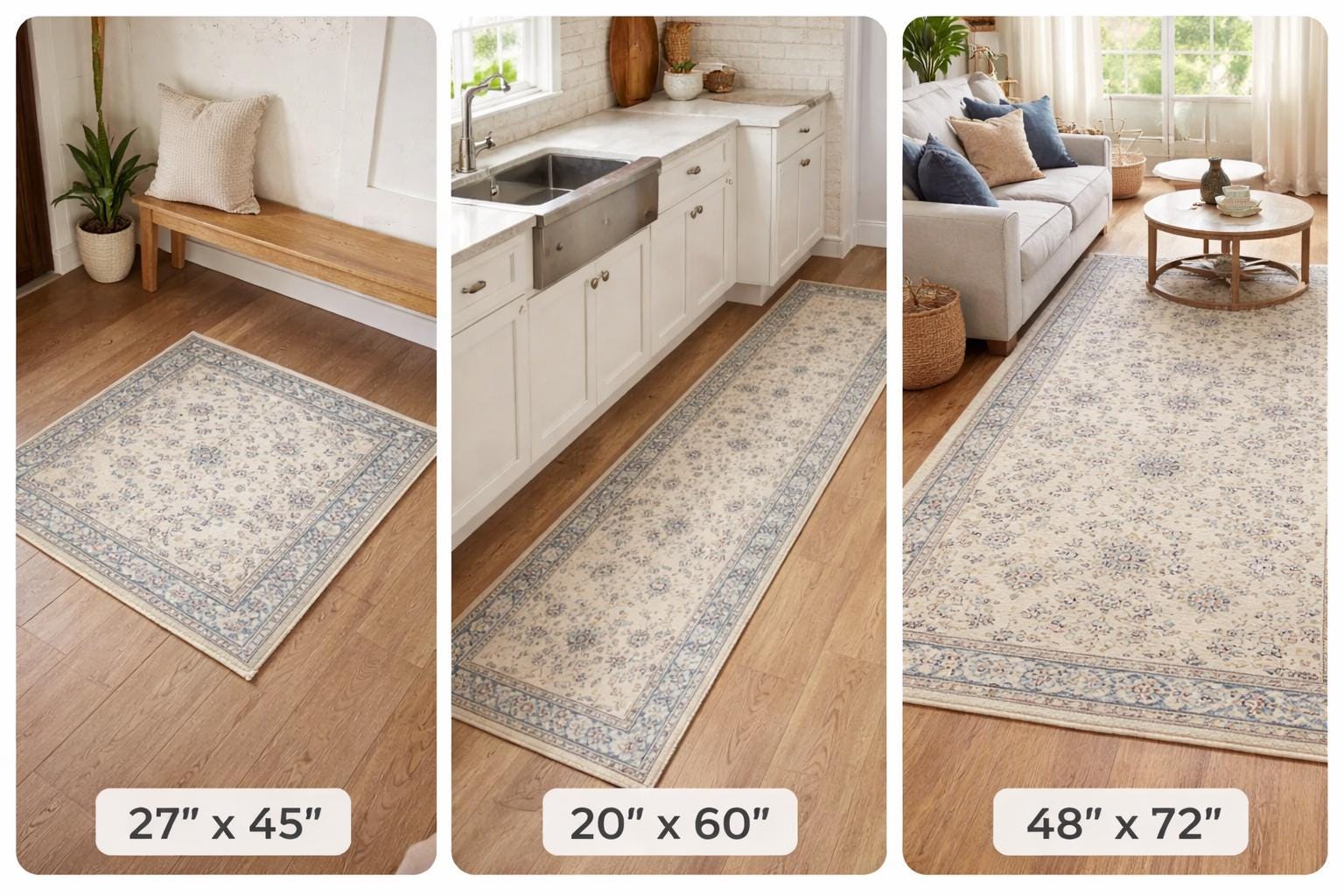 181 Degrees -Traditional Oriental Area Rug, Beige Blue Floral Persian Style Decorative Floor Covering