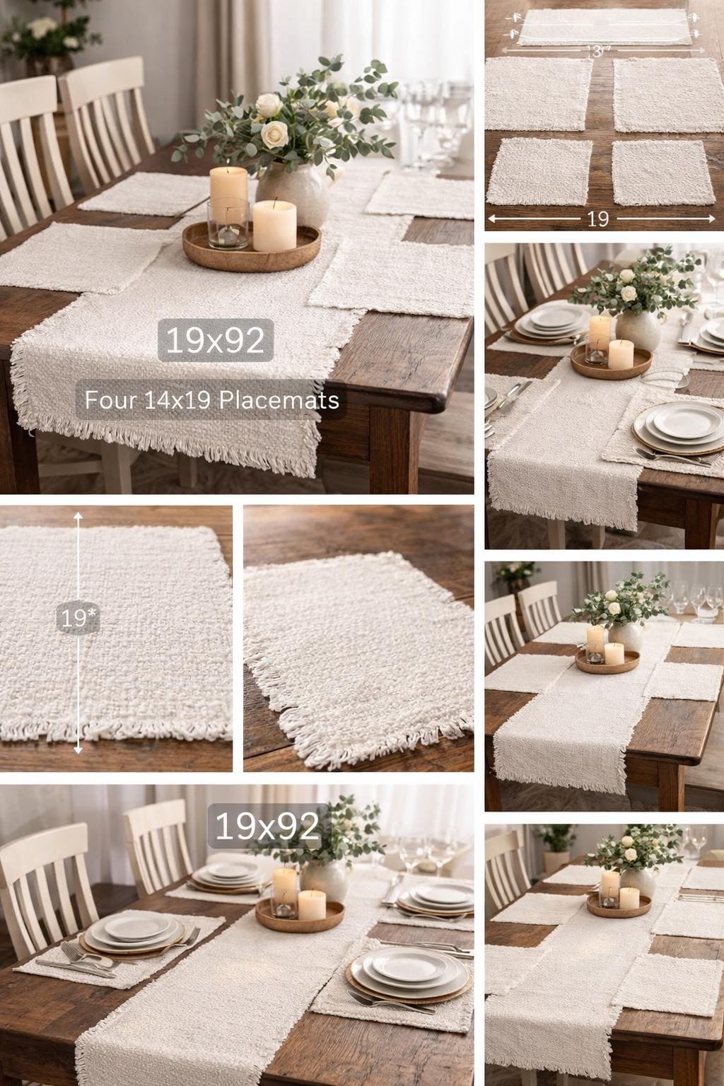 181 Degrees - Textured White Cotton Table Runner Set with Placemats | Farmhouse Boho Dining Decor