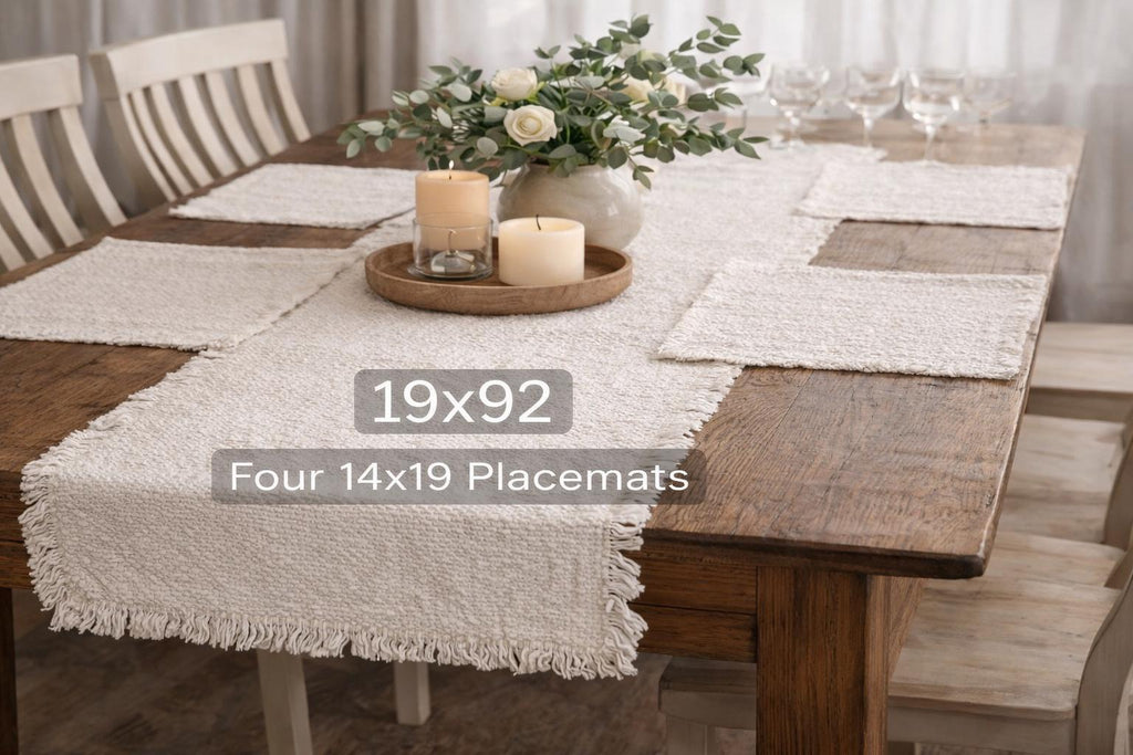 181 Degrees - Textured White Cotton Table Runner Set with Placemats | Farmhouse Boho Dining Decor