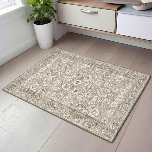 181 Degrees - Vintage Floral Beige Area Rug, Traditional Neutral Carpet, Farmhouse Living Room Décor