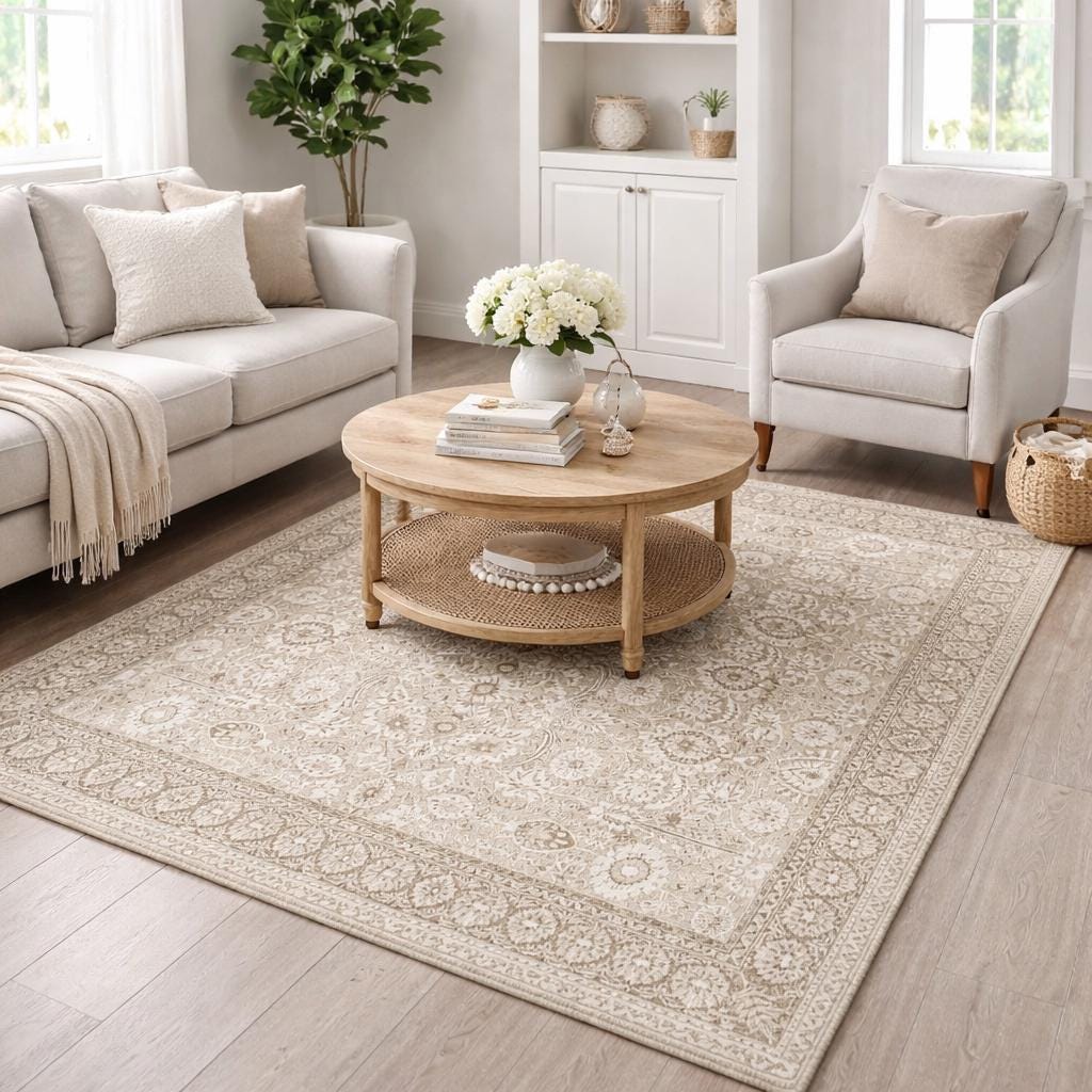 181 Degrees - Vintage Floral Beige Area Rug, Traditional Neutral Carpet, Farmhouse Living Room Décor
