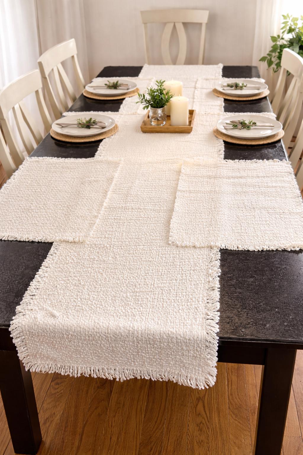 181 Degrees - Textured White Cotton Table Runner Set with Placemats | Farmhouse Boho Dining Decor