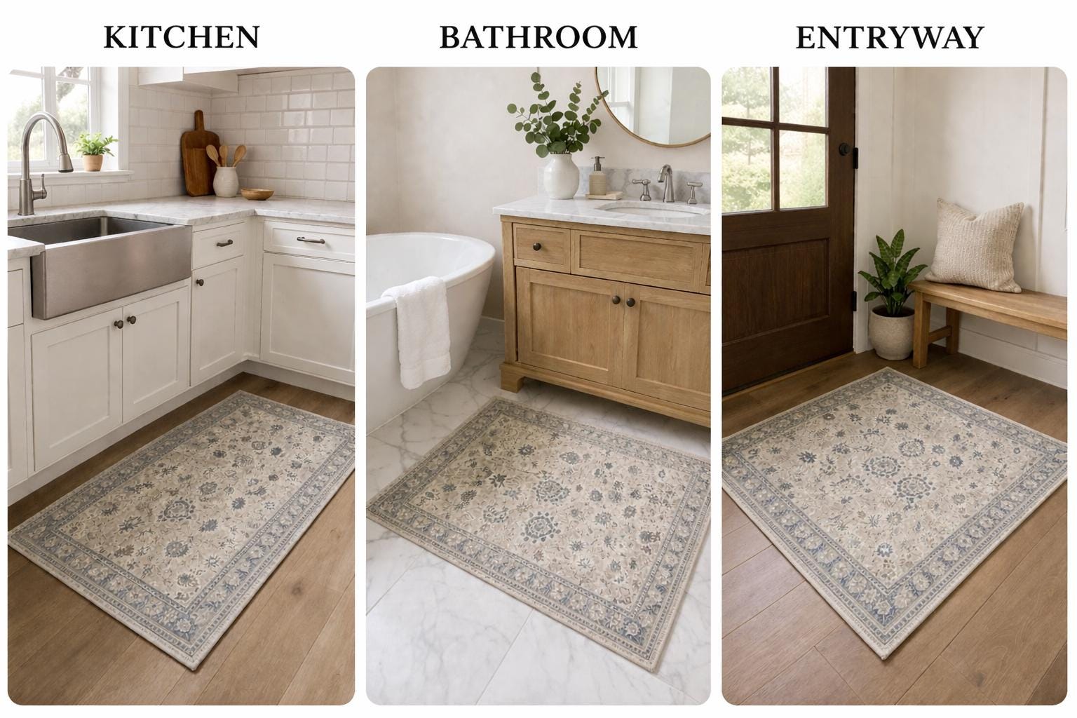 181 Degrees - Vintage Style Blue Grey Floral Area Rug Washable Farmhouse Boho Accent Rug