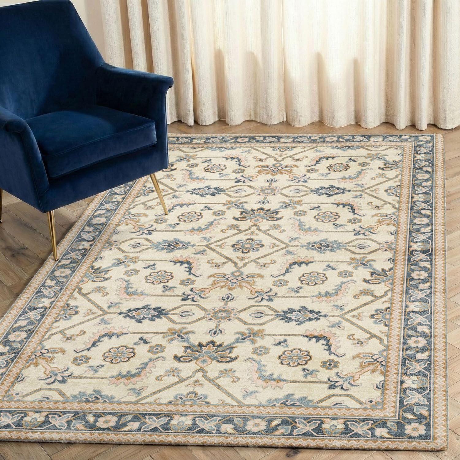 181 Degrees -Traditional Oriental Area Rug, Beige Blue Floral Persian Style Decorative Floor Covering