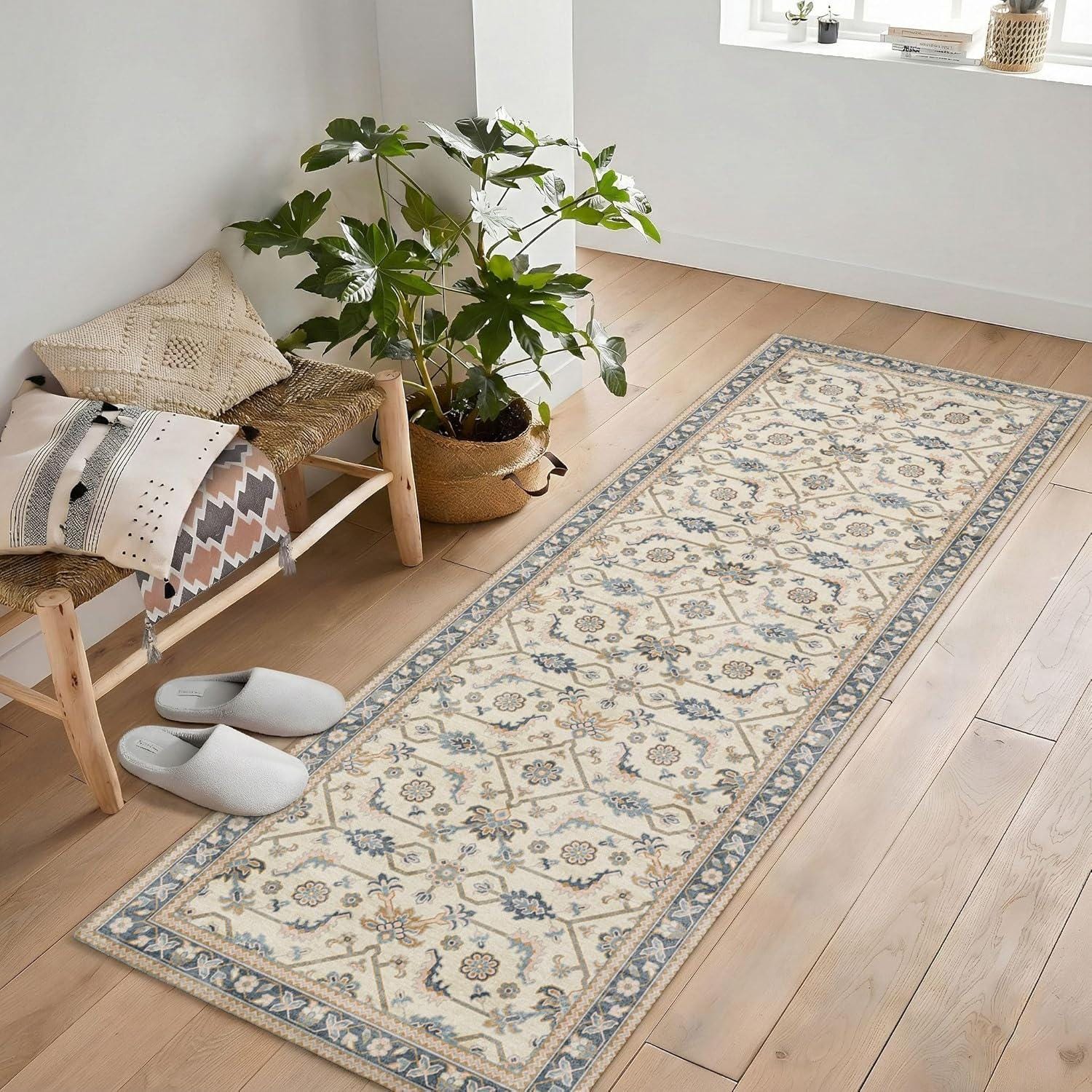 181 Degrees -Traditional Oriental Area Rug, Beige Blue Floral Persian Style Decorative Floor Covering