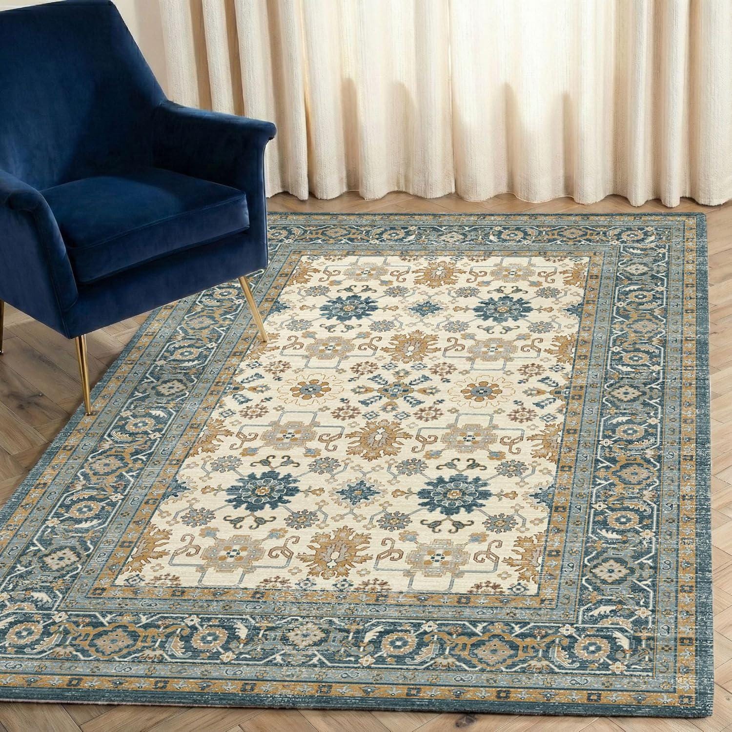 181 Degrees - Traditional Oriental Runner Rug, Beige Blue Floral Border, Persian Style