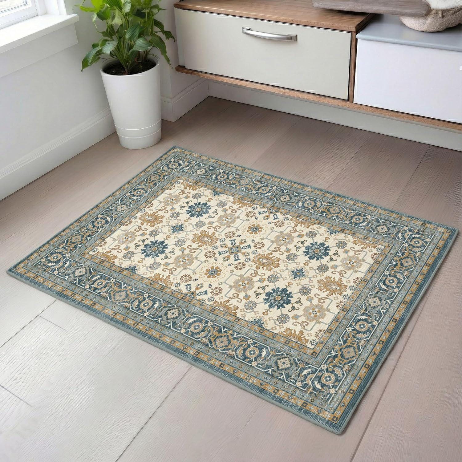 181 Degrees - Traditional Oriental Runner Rug, Beige Blue Floral Border, Persian Style