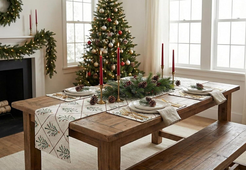 181 Degrees - Holiday Table Runner with 4pcs Placement, Cream Cotton Wreath Design, Holiday Centerpiece