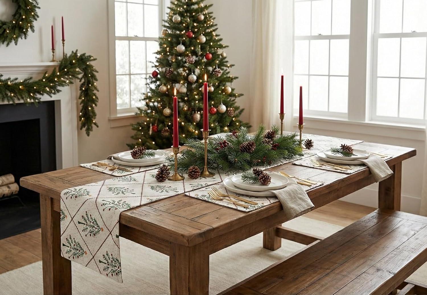 181 Degrees - Holiday Table Runner with 4pcs Placement, Cream Cotton Wreath Design, Holiday Centerpiece
