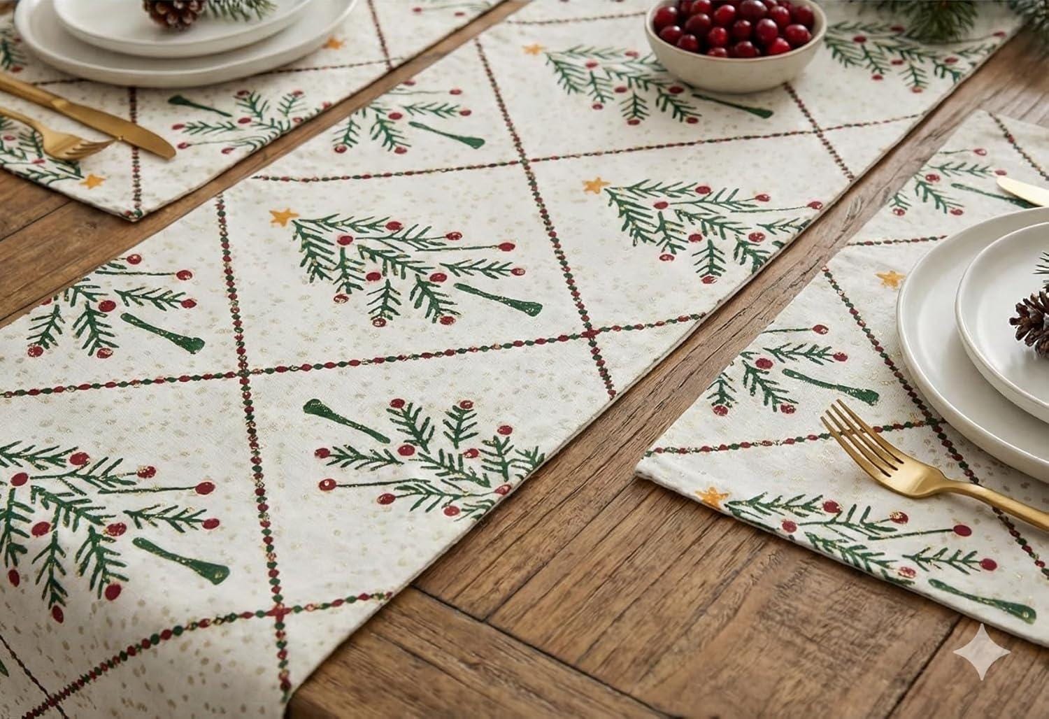181 Degrees - Holiday Table Runner with 4pcs Placement, Cream Cotton Wreath Design, Holiday Centerpiece