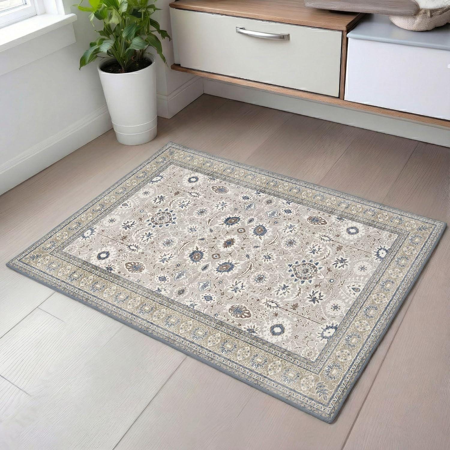 181 Degrees - Vintage Persian Runner Rug  Taupe Floral Border Rug
