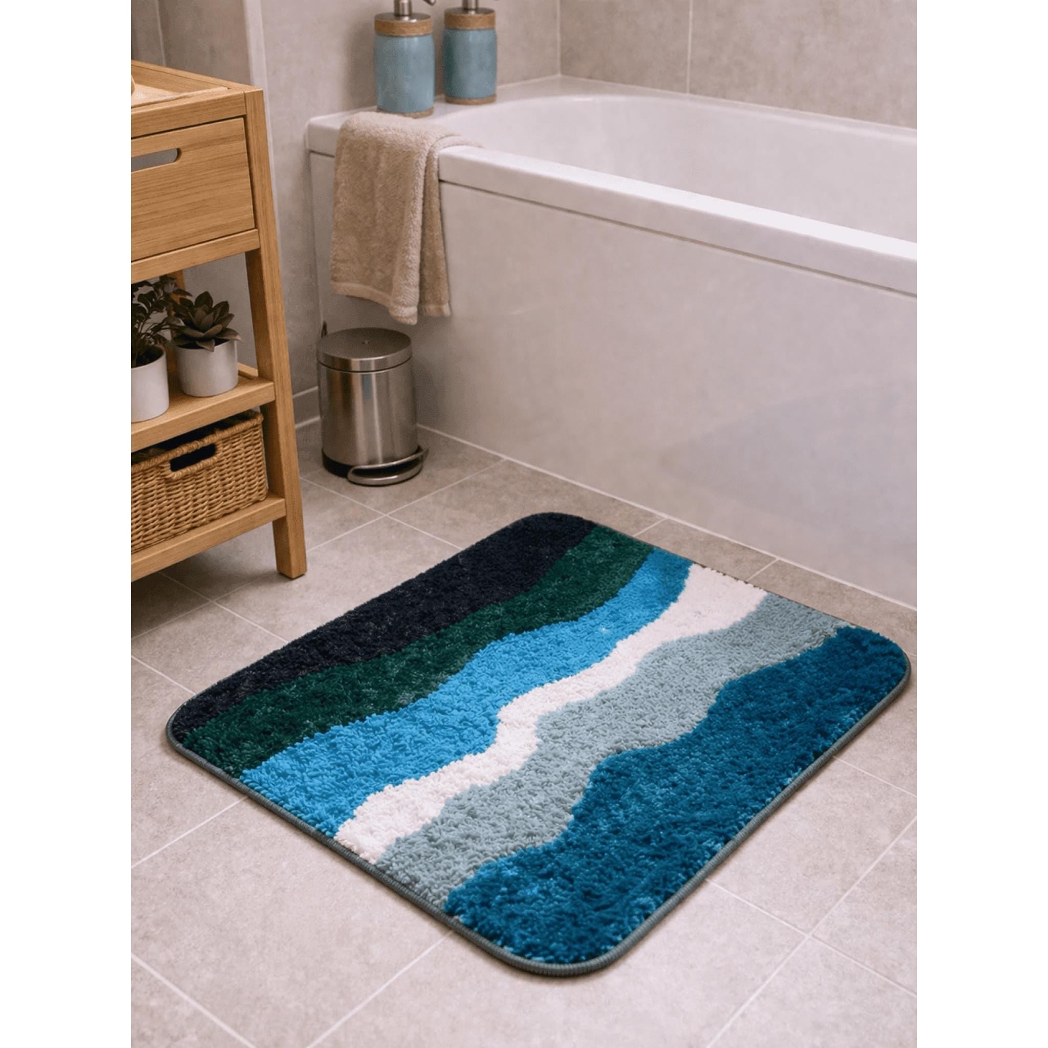 181 Degrees Abstract Wave Bath Mat, Blue Green White Plush Microfiber Rug (24x16 Inch)