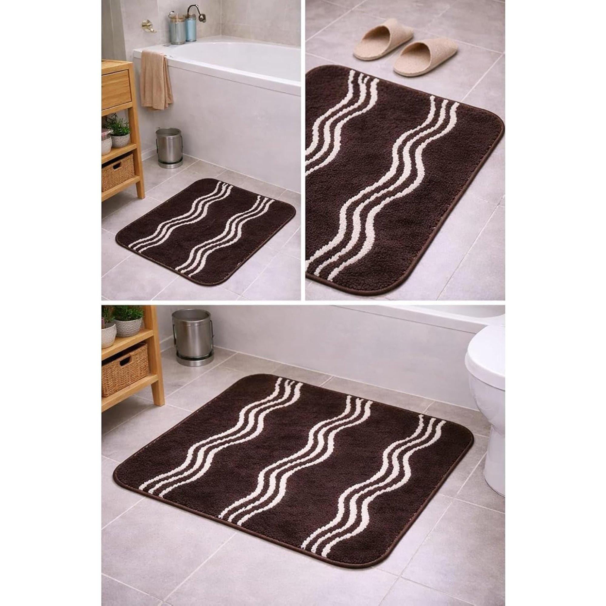 181 Degrees Brown Wavy Stripe Bath Mat, Soft Absorbent Non-Slip Bathroom Rug (24x16 Inch)