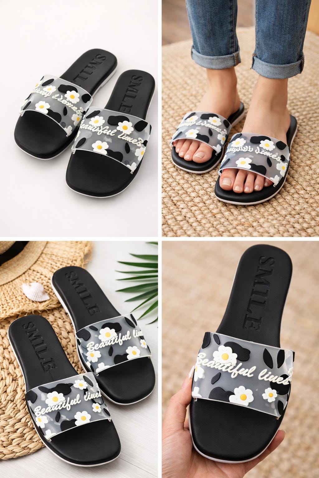 181 Degrees Women's Floral Slide Sandals, Daisy Slip-On Summer Flats