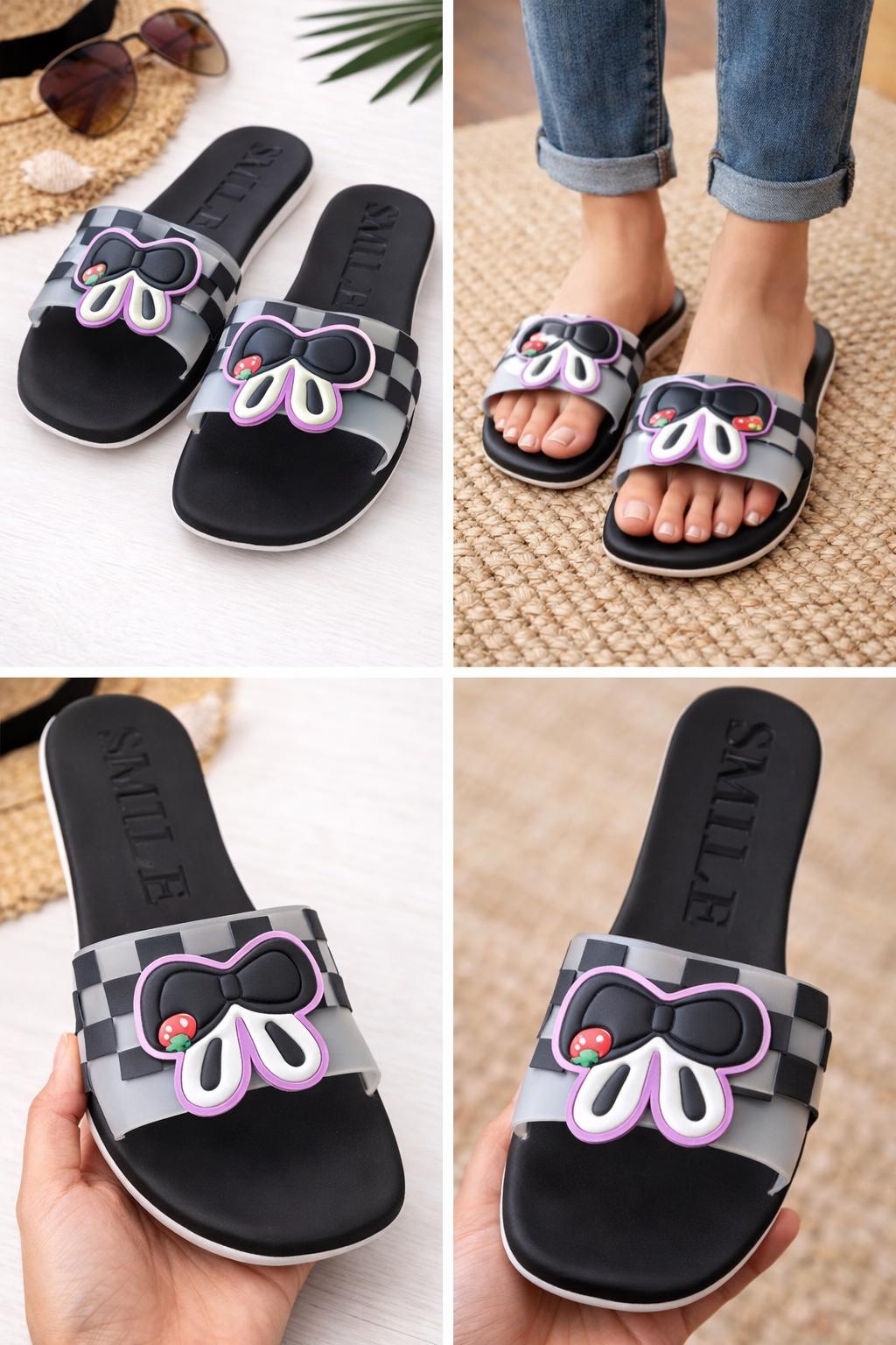 Women's Bow Slide Sandals, Cartoon Bow Summer Slides, Casual Flat Comfort Slippers
