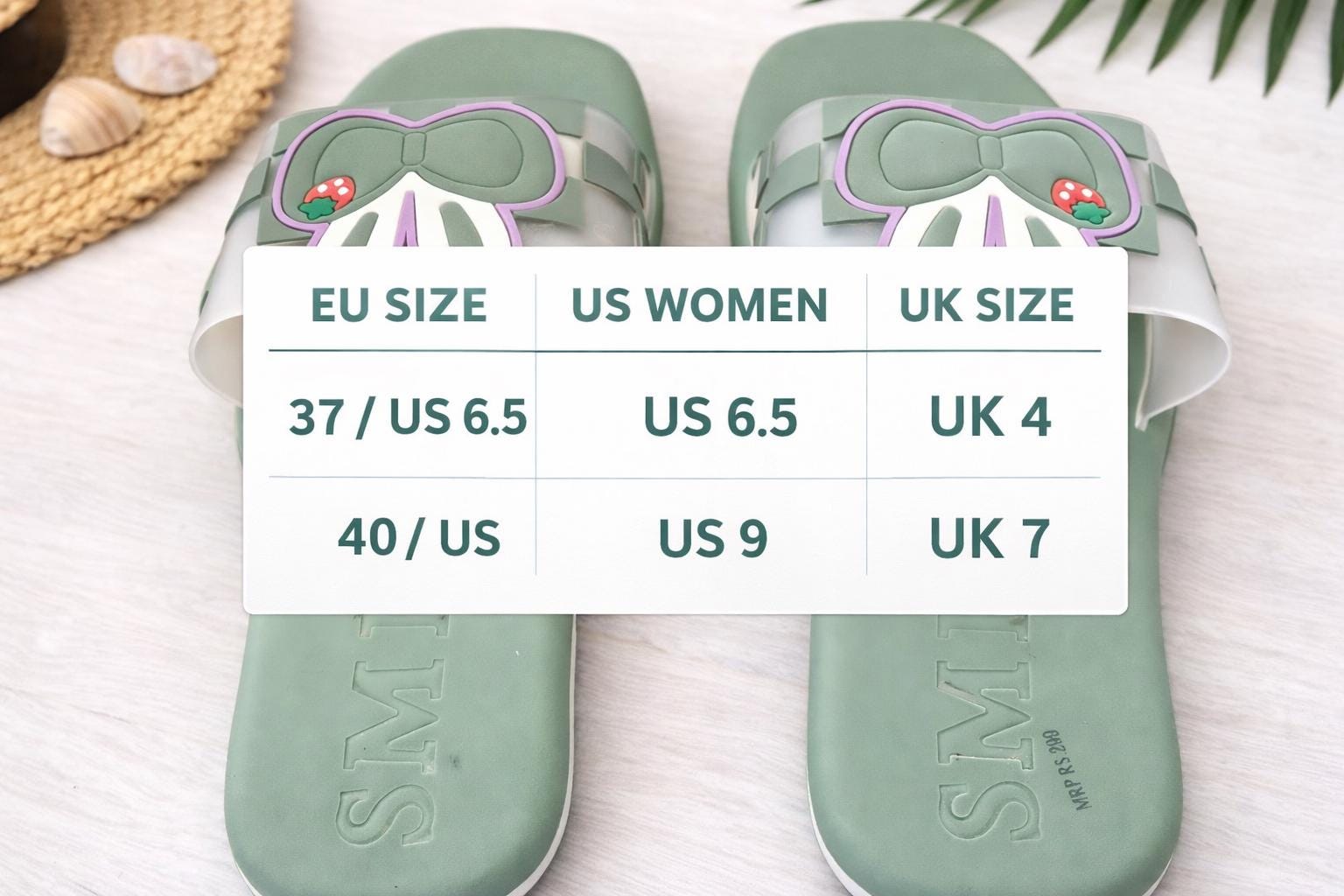 Green Bow Slide Sandals, Cartoon Summer Beach Slip-On Flats