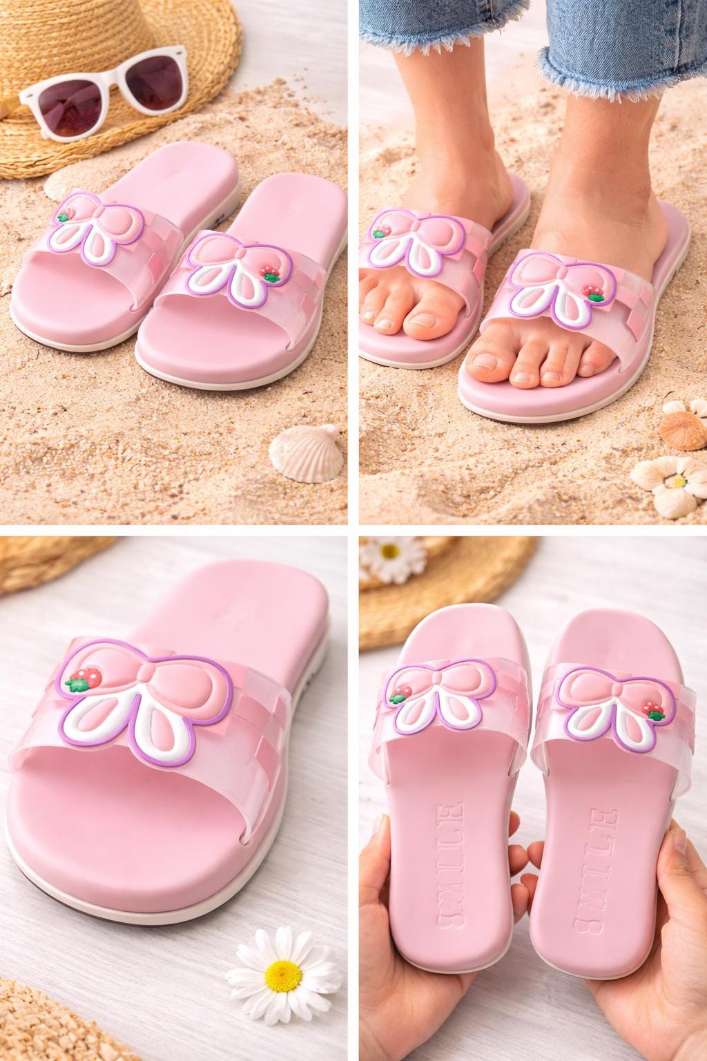 Pink Bow Slide Sandals, Cartoon Summer Beach Slippers, Casual Flat Open-Toe Slides