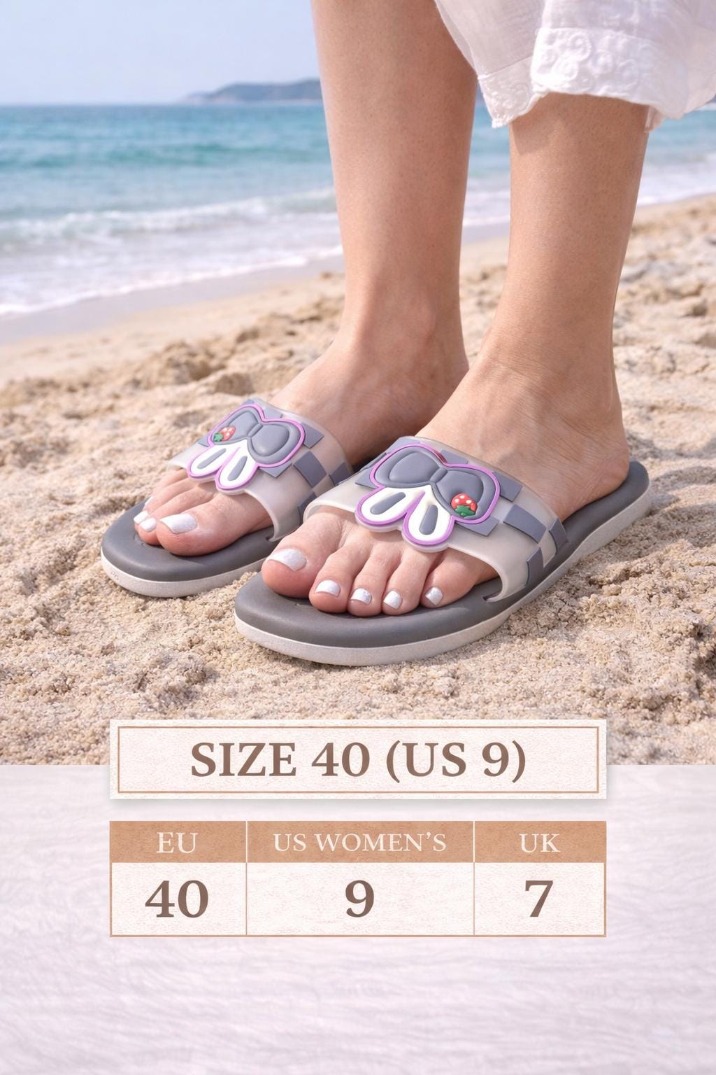 Grey Bow Slide Sandals, Cartoon Bow Slip-On Summer Slides, Casual Beach Slippers