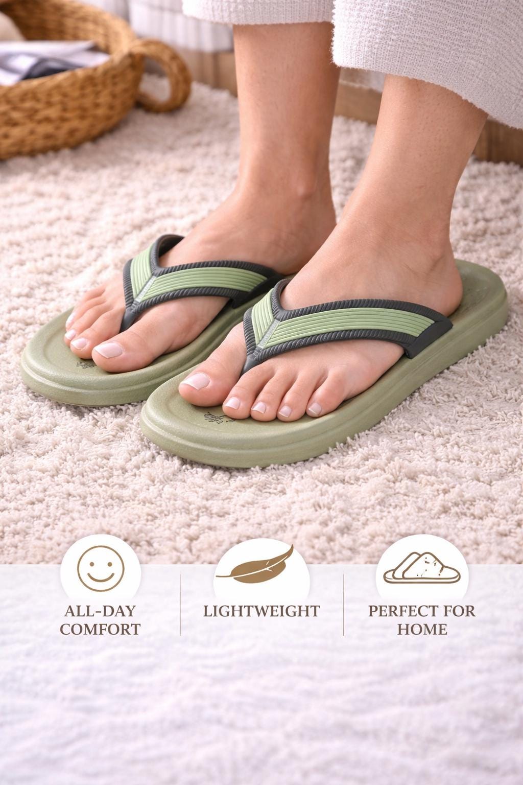 Green Flip Flop Sandals, Cushioned Massage Footbed, Lightweight Non-Slip Slides
