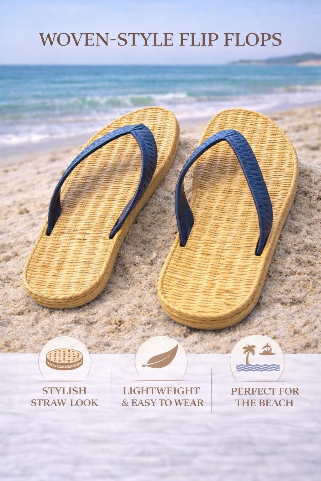 Woven Straw-Look Flip Flops, Lightweight Beach Sandals, Tan Thong Slippers